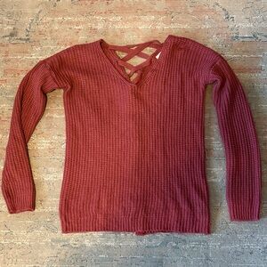 Pink Rose Crisscross V-Neck Sweater in Burgundy